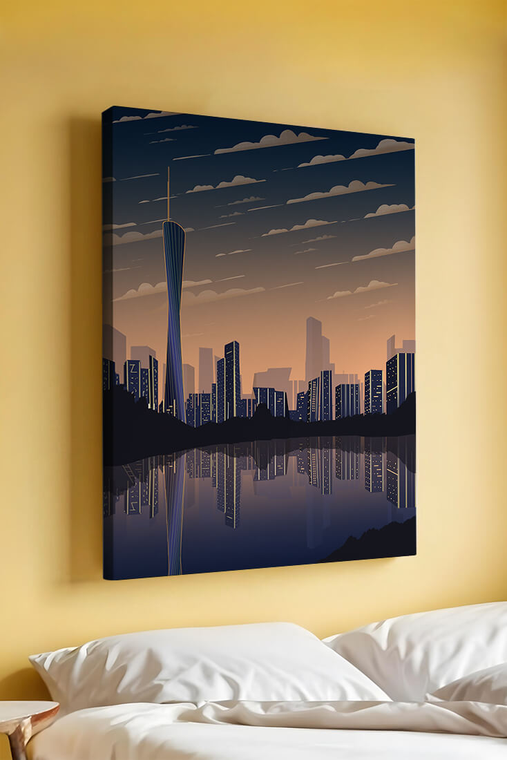 Skyline der Stadt bei Sonnenuntergang mit futuristischem Touch und Wasserspiegelung