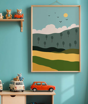 Minimalist Landscape with Hills and Sun