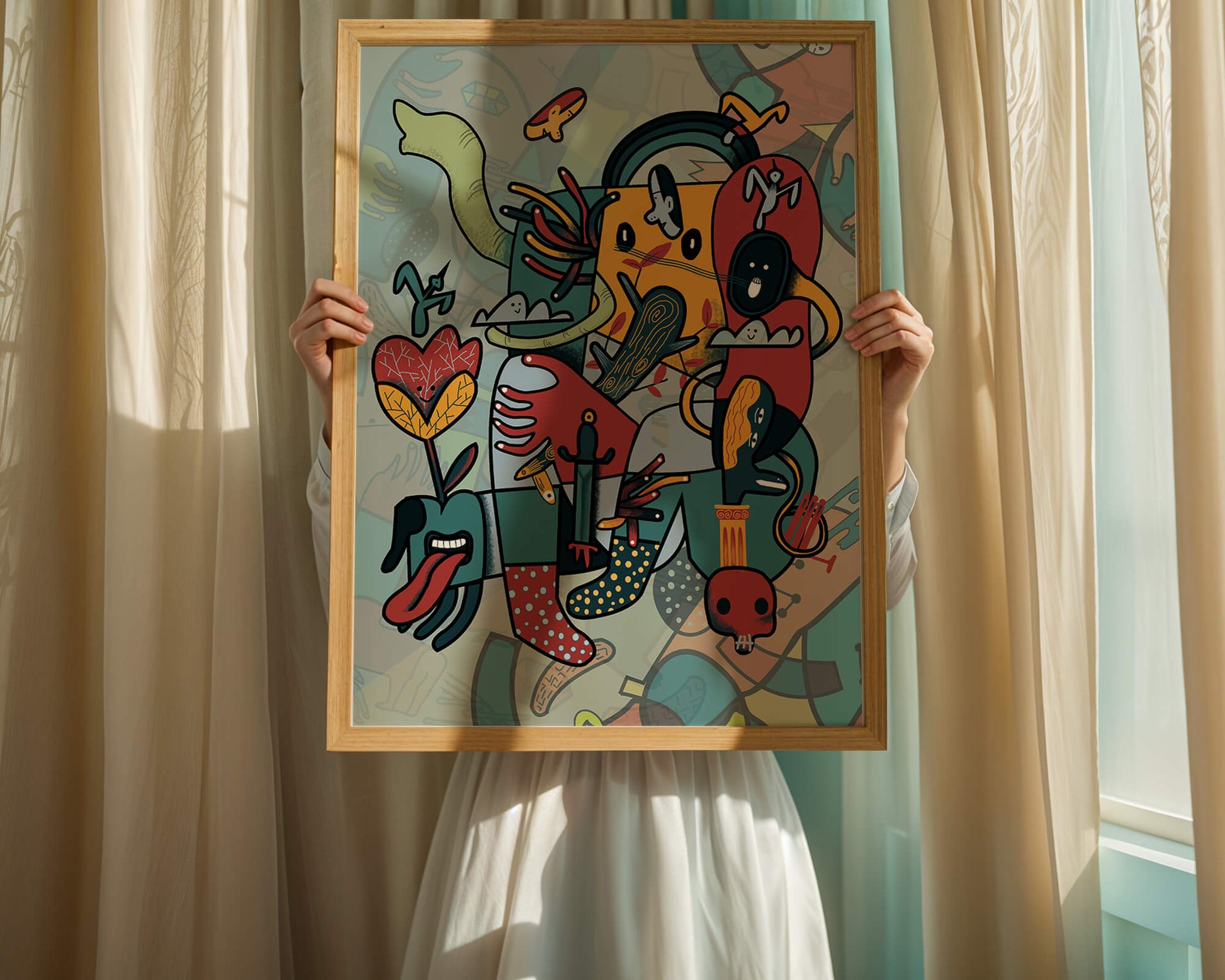 Composición artística surrealista abstracta con colores vibrantes