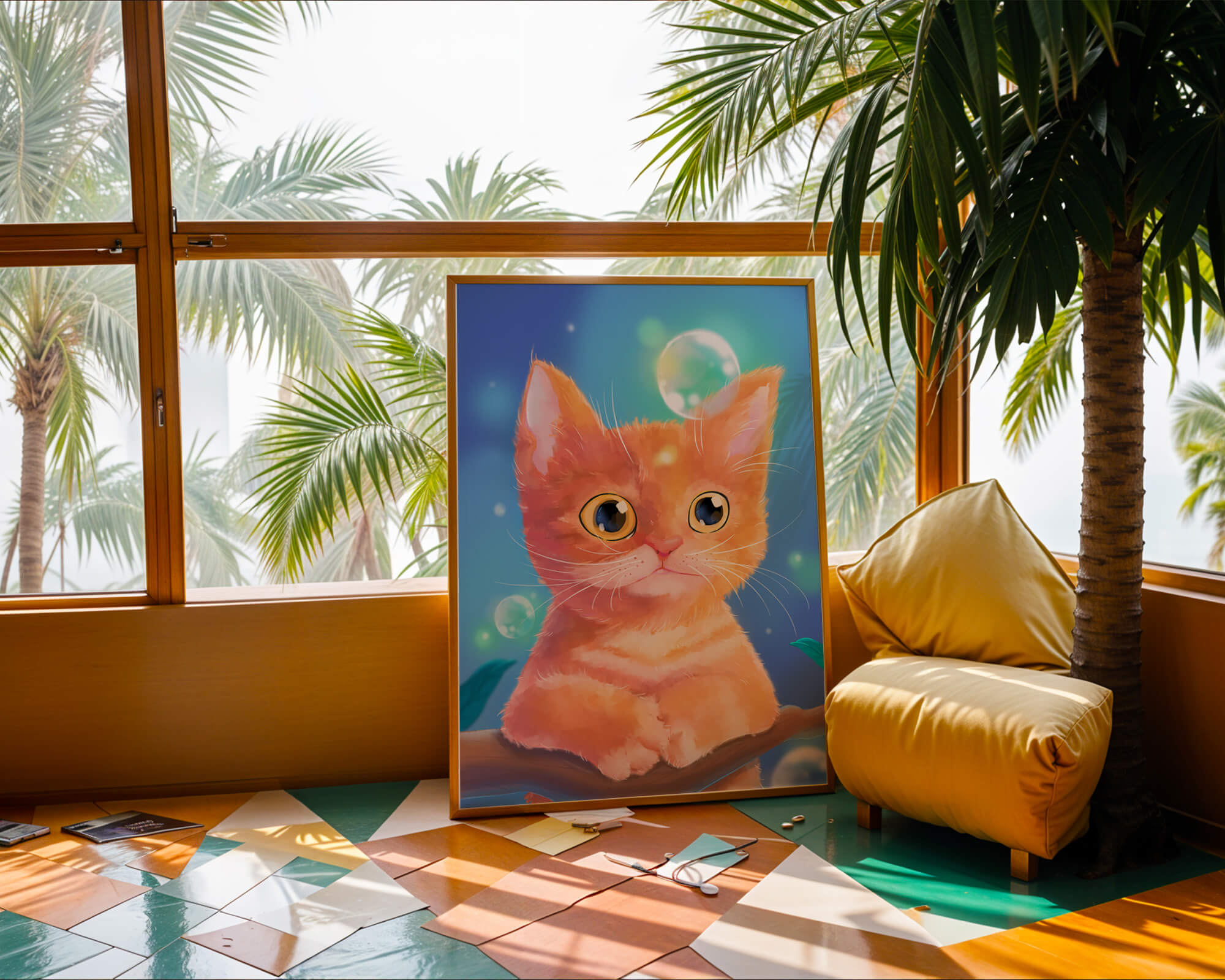 Adorable orange kitten illustration with bubbles and a colorful background