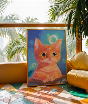 Adorable orange kitten illustration with bubbles and a colorful background