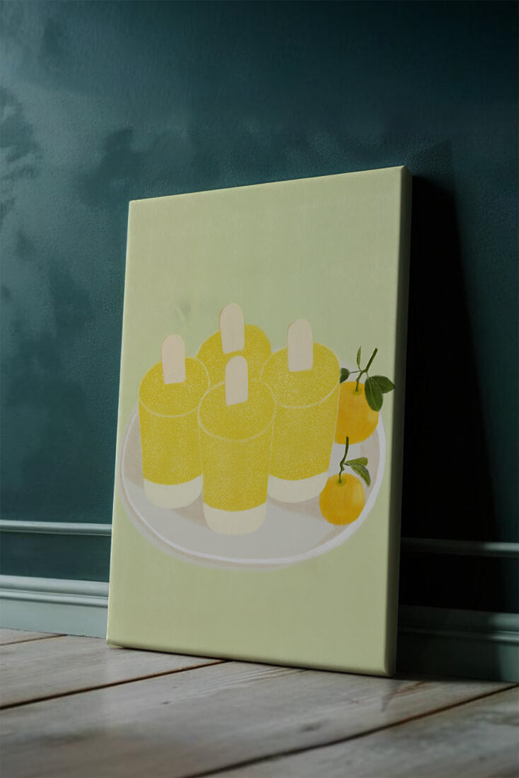 Illustration of yellow popsicles and oranges on a plate