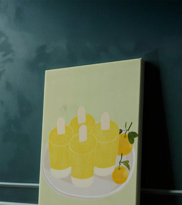 Illustration of yellow popsicles and oranges on a plate