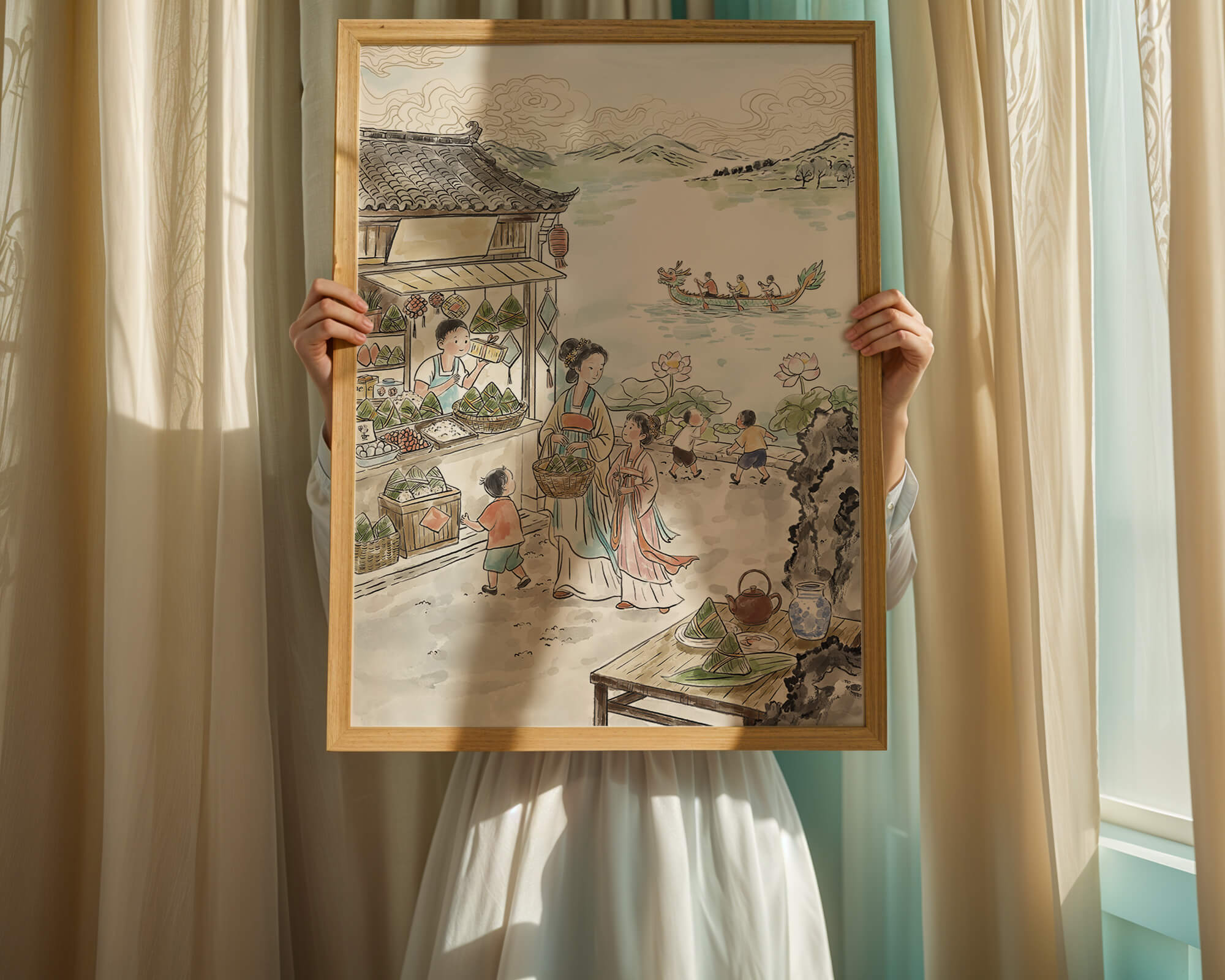 Traditional Chinese Market Scene with Dragon Boat on River