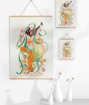Elegant depiction of an Asian-inspired musician with floral and ribbon motifs