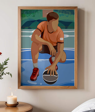 Ilustración de un jugador de baloncesto en la cancha en una pose dinámica