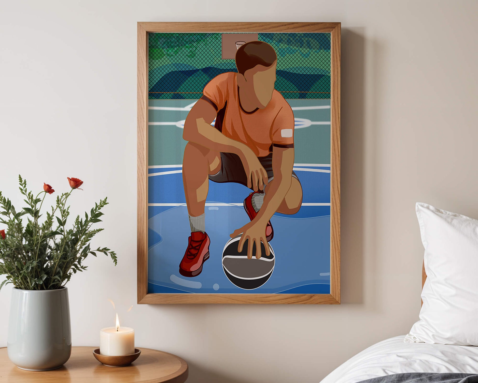 Illustration of a basketball player on a court in a dynamic pose