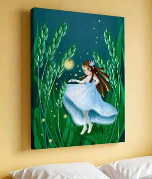 Enchanting fairy in magical wheat field at night