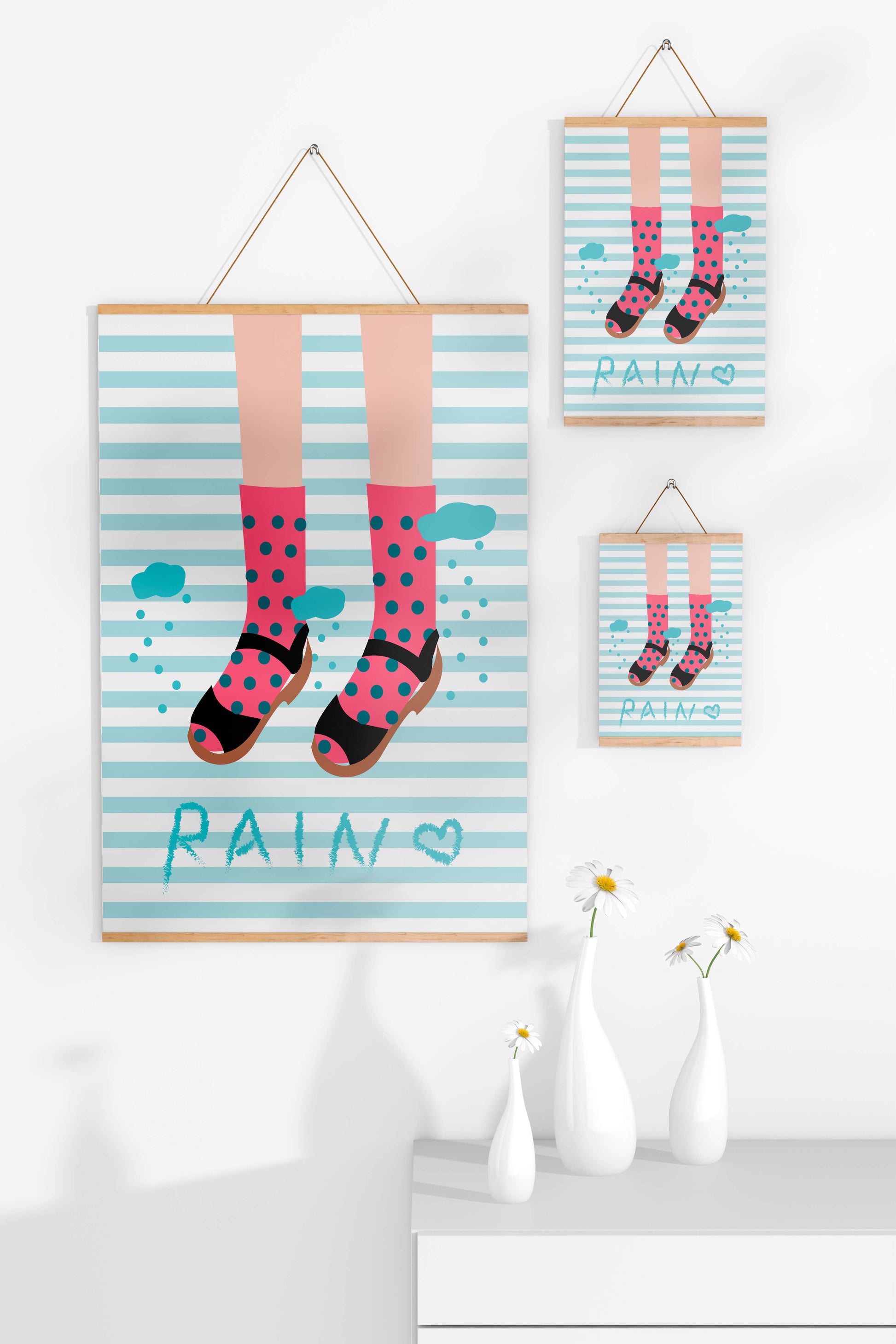 Illustration of polka dot socks and sandals on a striped background