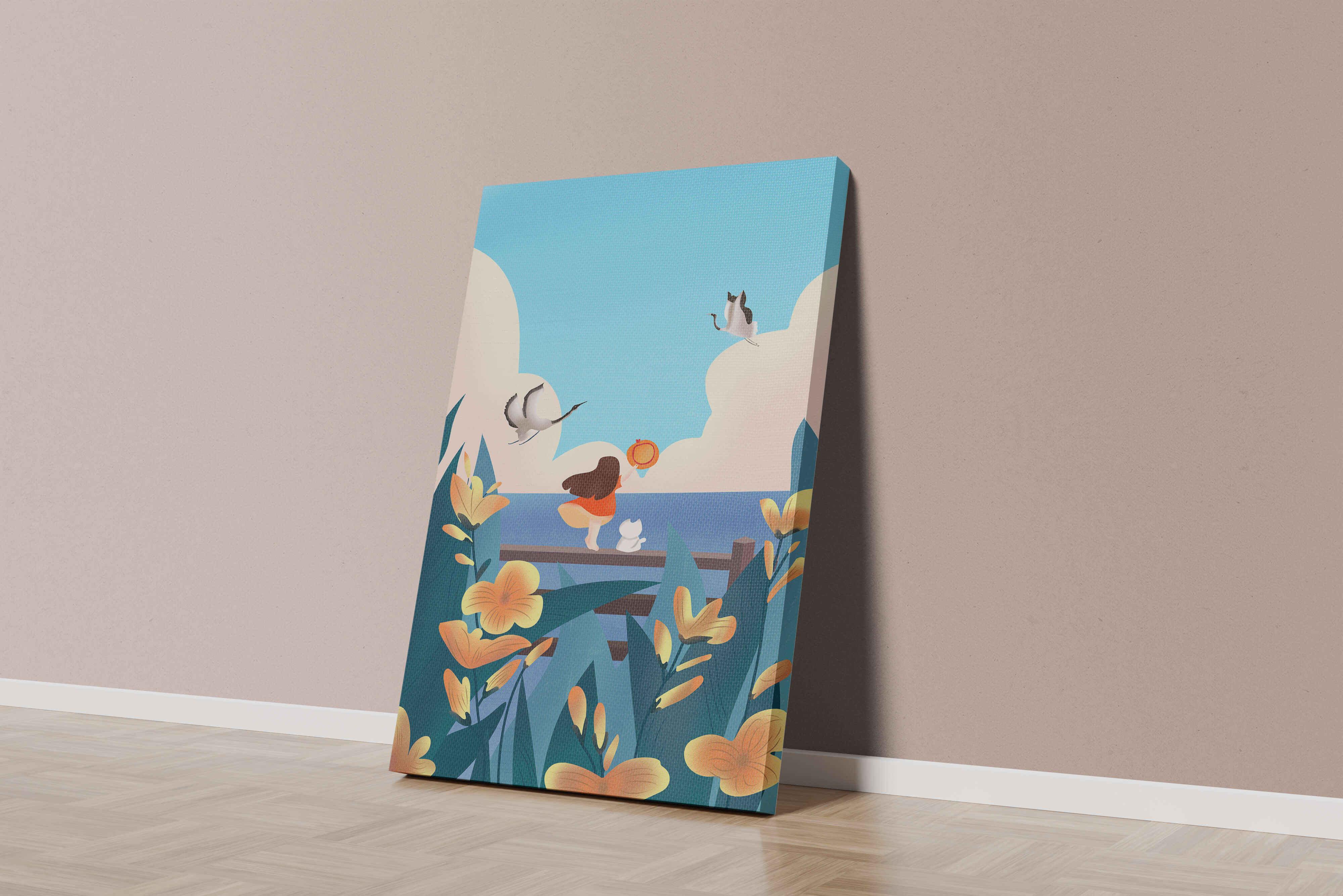 Serene seaside scene with girl, cat, and birds in nature