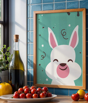 Adorable cartoon bunny on teal background with playful elements