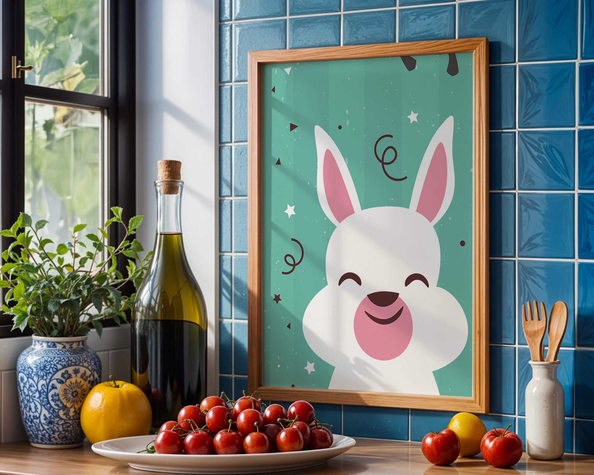 Adorable cartoon bunny on teal background with playful elements