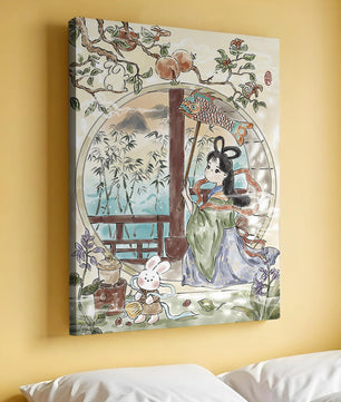 Peaceful Garden Scene with Girl and Rabbit
