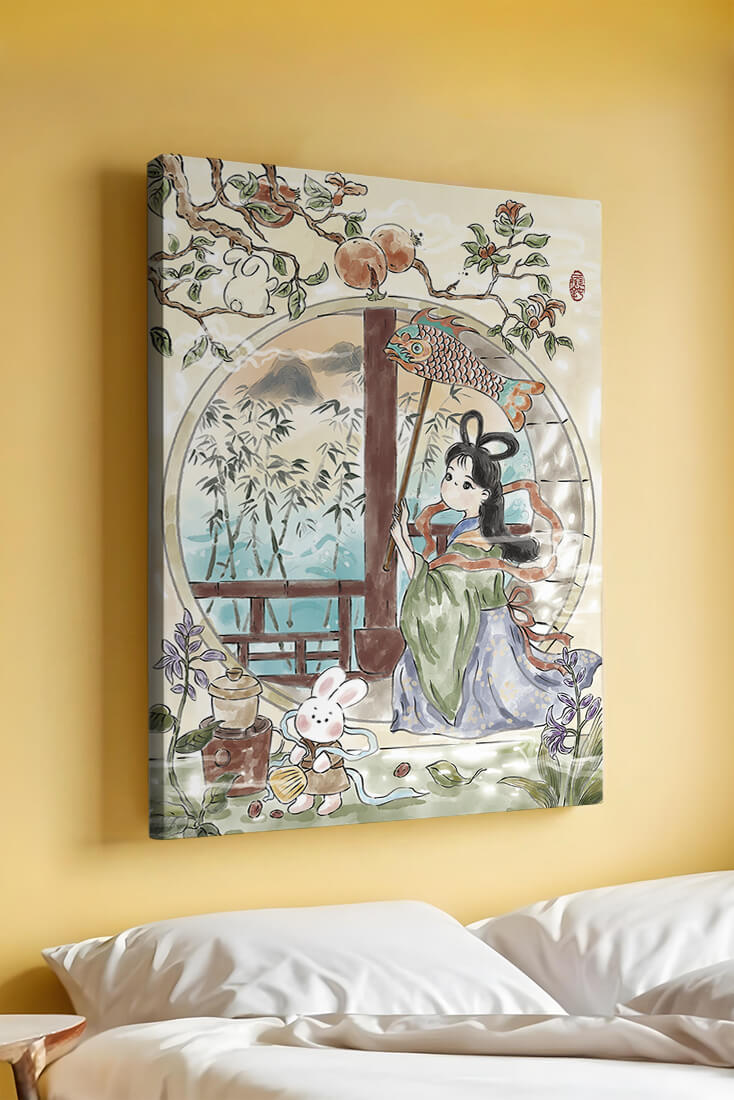 Escena de jardín tranquilo con una niña y un conejo