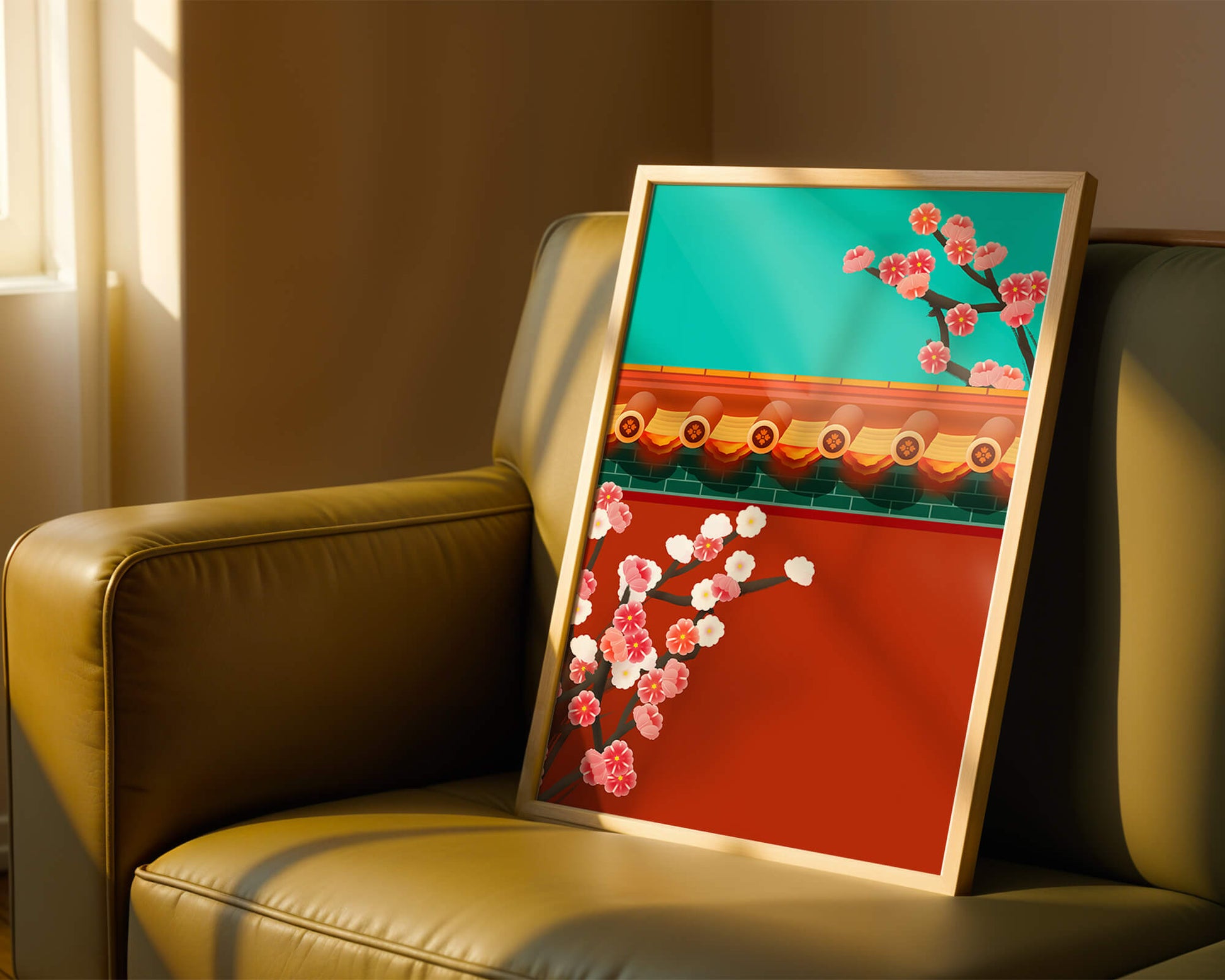 Traditional Asian architecture with cherry blossoms
