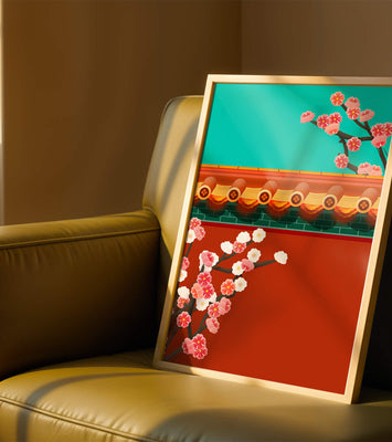 Traditional Asian architecture with cherry blossoms