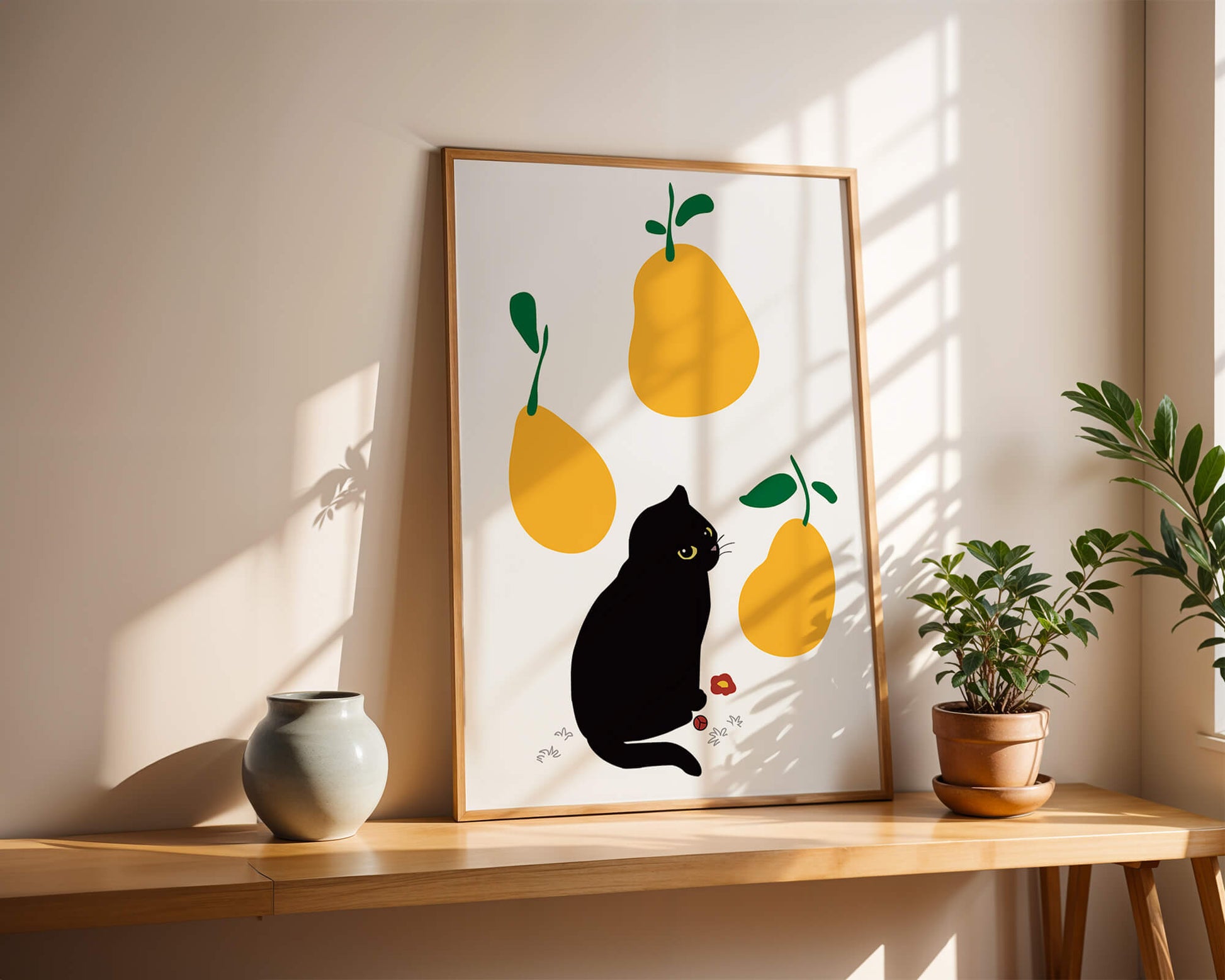 Ilustración de gato negro con peras amarillas y hojas verdes
