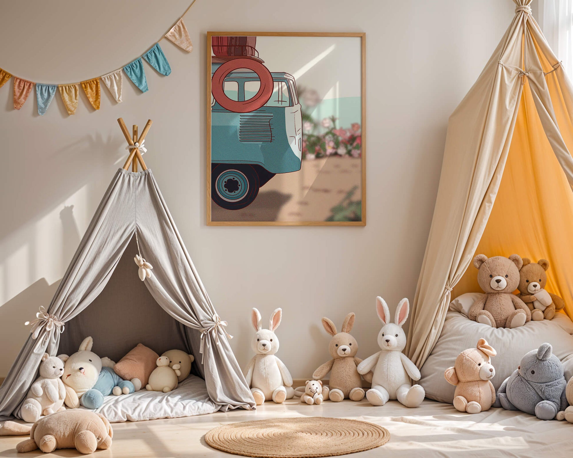 Viaje por carretera de verano en una furgoneta azul vintage