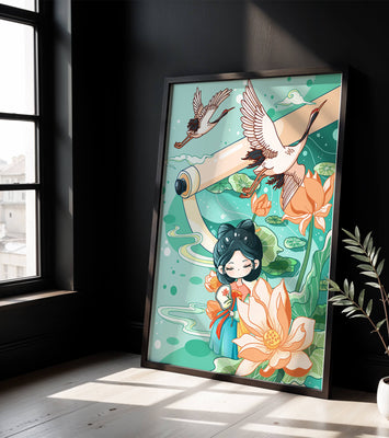 Serene Asian Art Illustration with Cranes and Lotus Flowers
