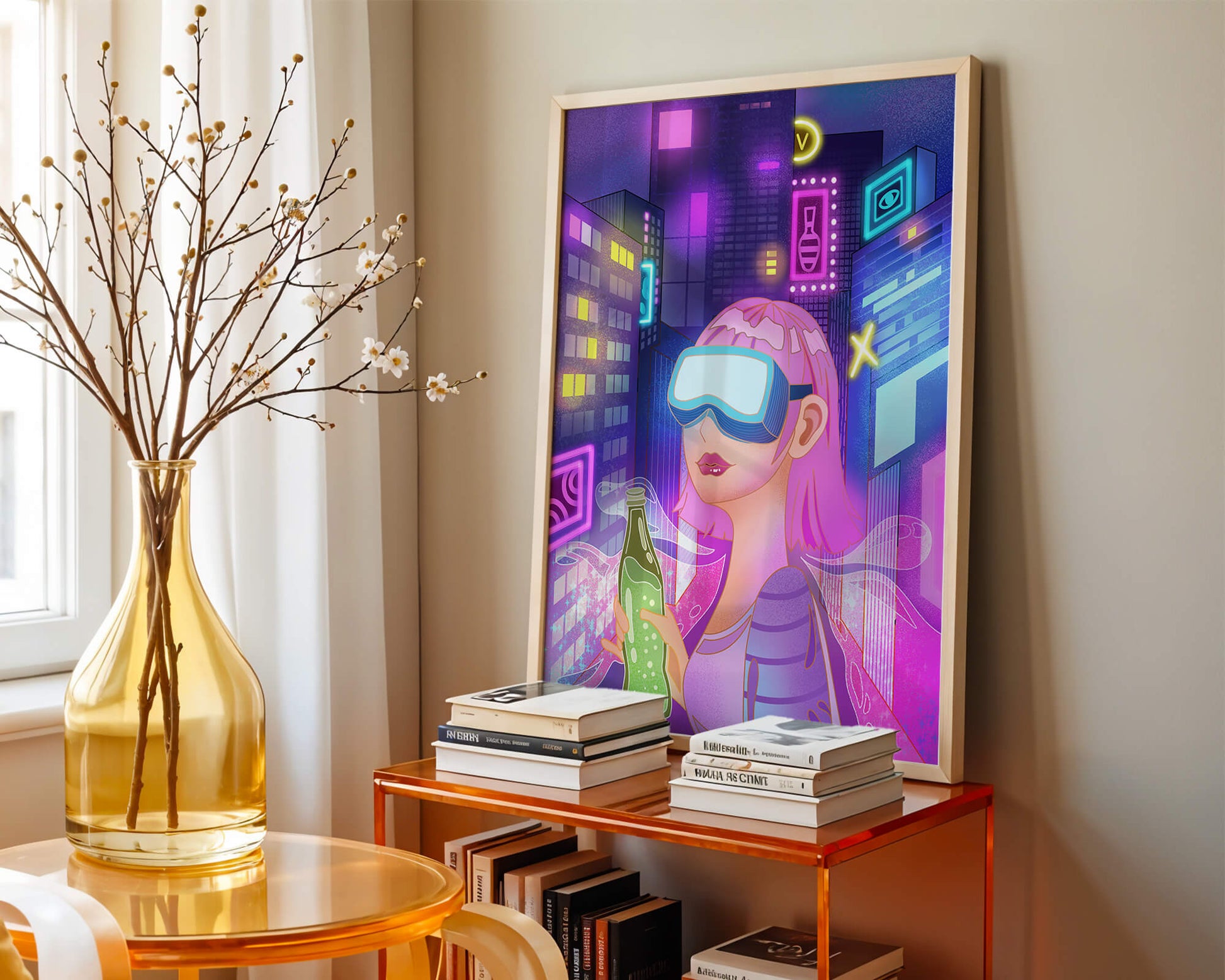Futuristic urban scene with neon lights and virtual reality elements