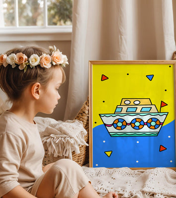 Colorful boat illustration with cartoon elements