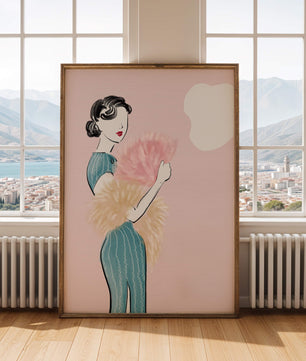 Elegant woman in vintage dress with pink background