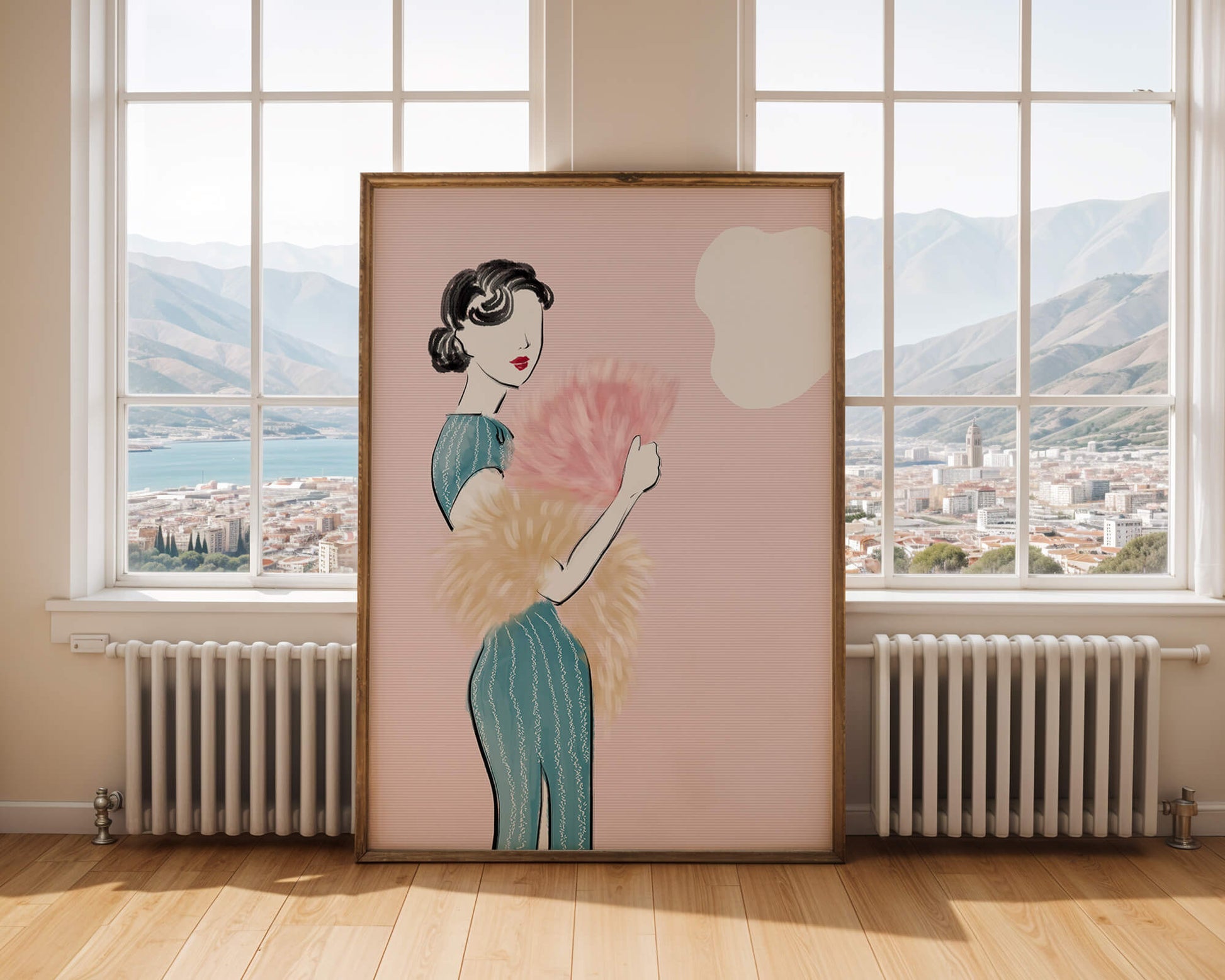 Elegant woman in vintage dress with pink background