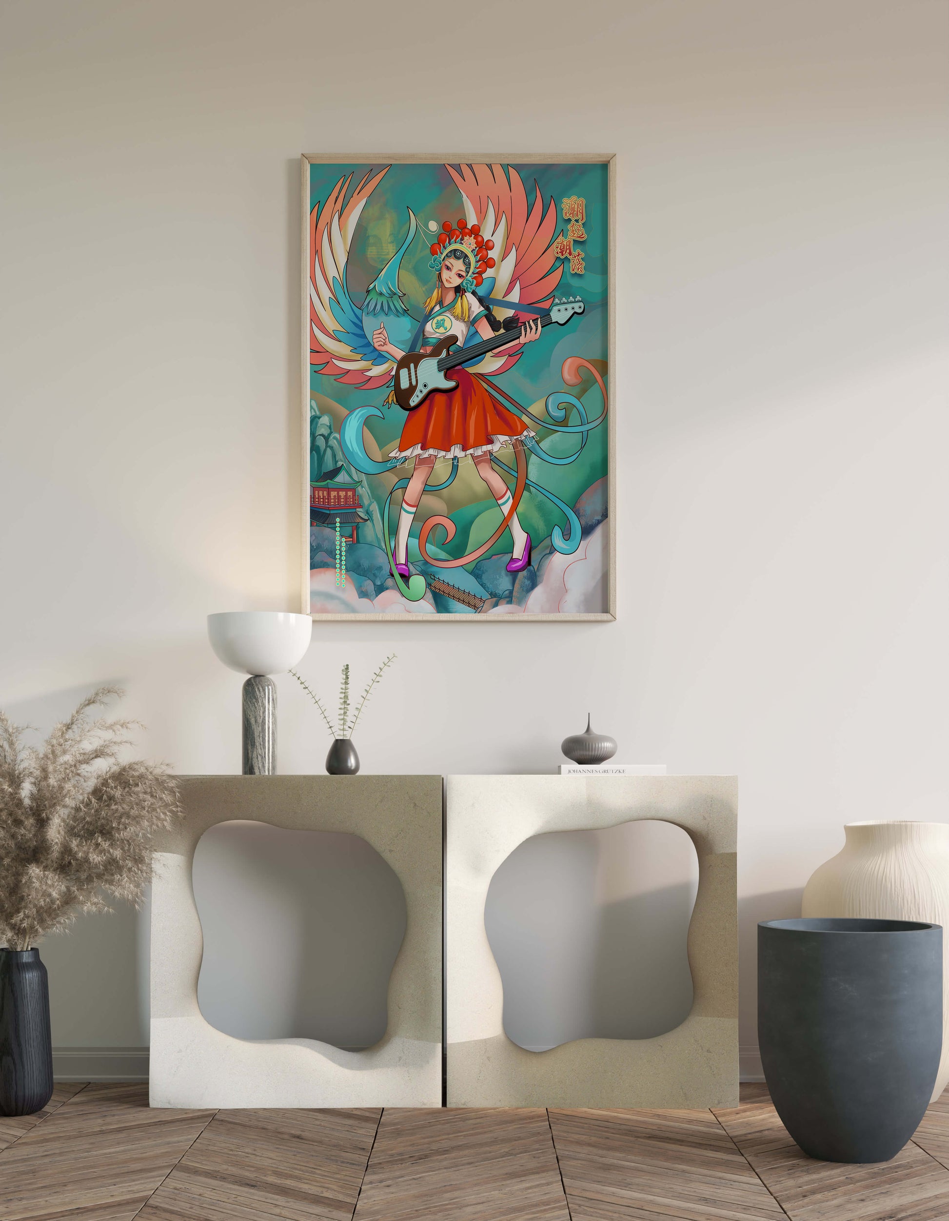 Colorful fusion of traditional and modern art featuring a musician