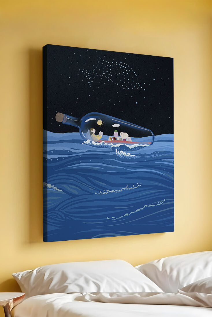 Surreal illustration of a bottle on the ocean with a starry night sky