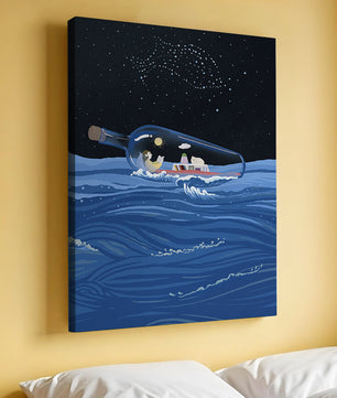 Surreal illustration of a bottle on the ocean with a starry night sky