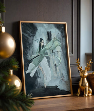 Dynamic illustration of a warrior in flowing robes with a spear