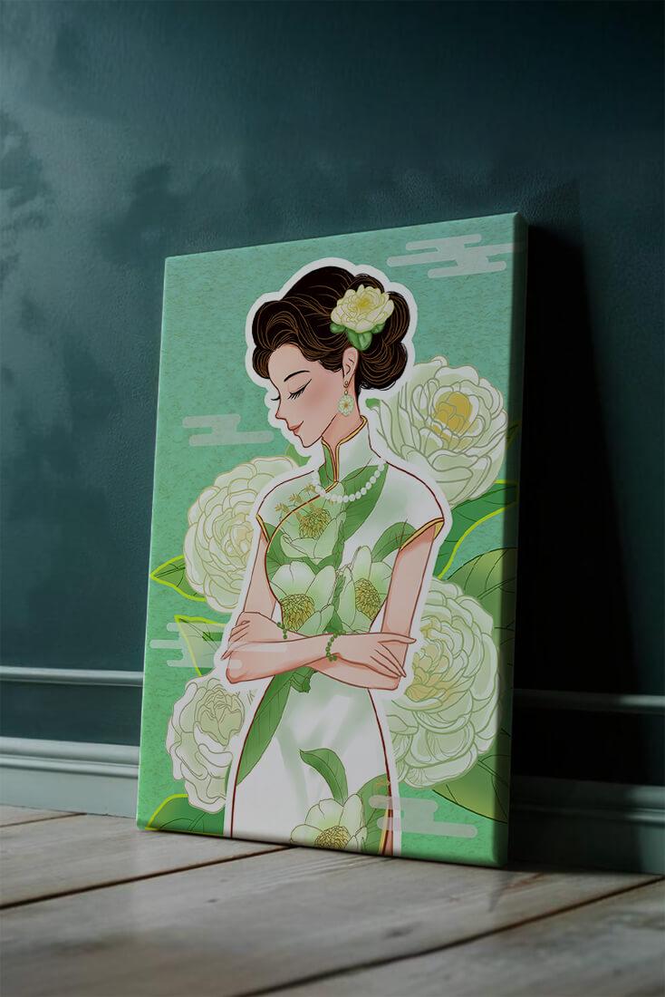 Mujer elegante en vestido tradicional floral con expresión serena