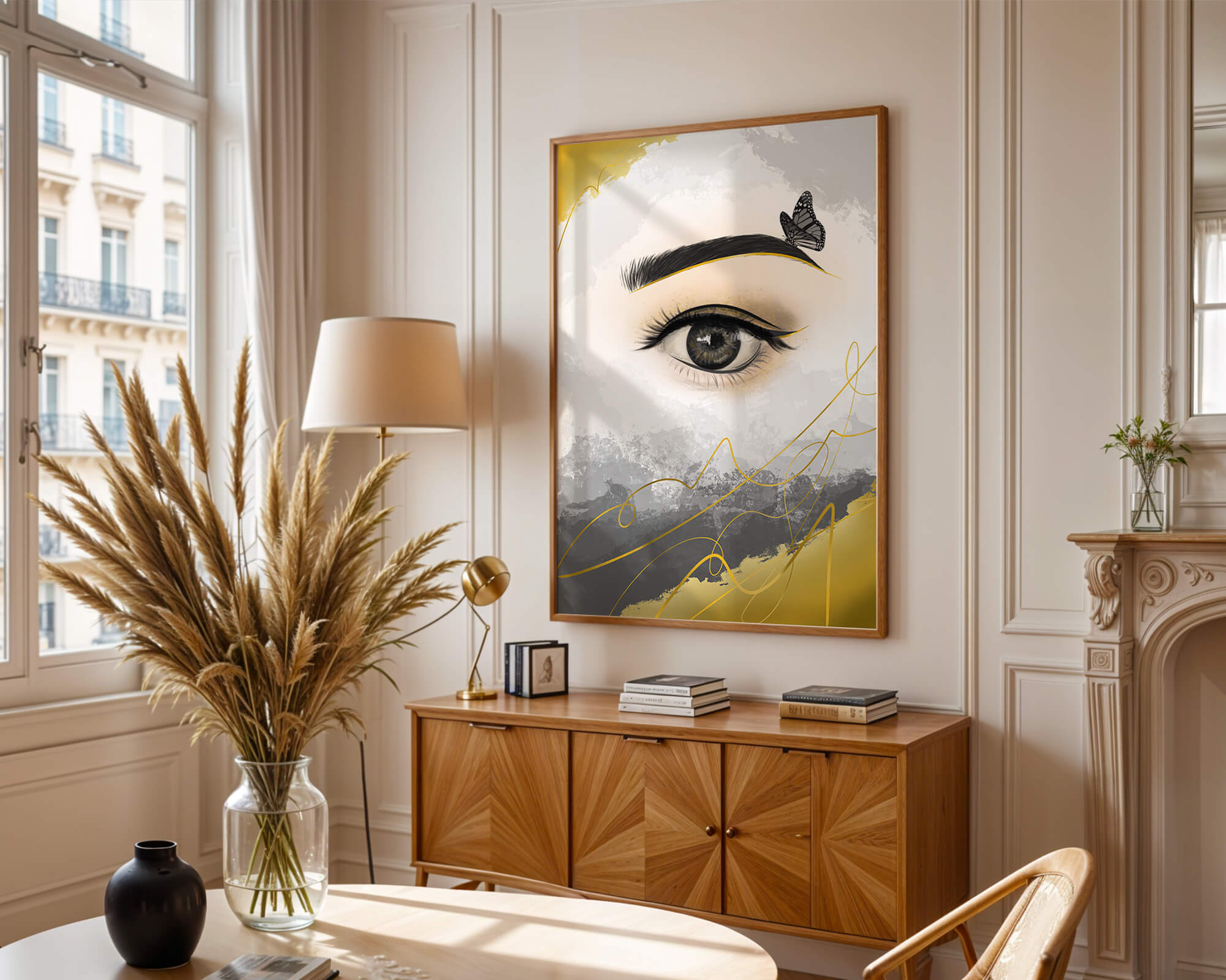 Artistic eye illustration with butterfly and abstract gold accents