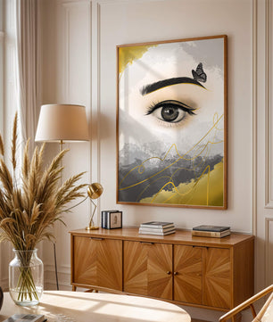 Artistic eye illustration with butterfly and abstract gold accents