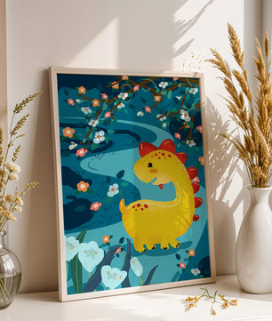 Golden Dinosaur in Enchanted Floral Forest