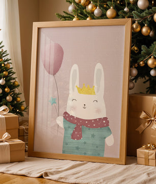Ilustración adorable de un conejo con globo rosa y corona dorada