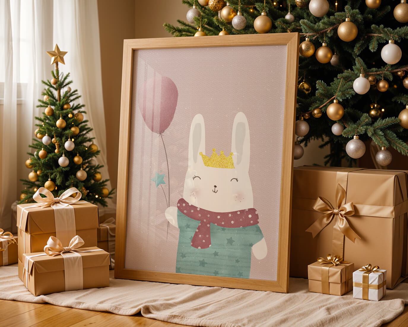Adorable ilustración de conejito con globo rosa y corona dorada.