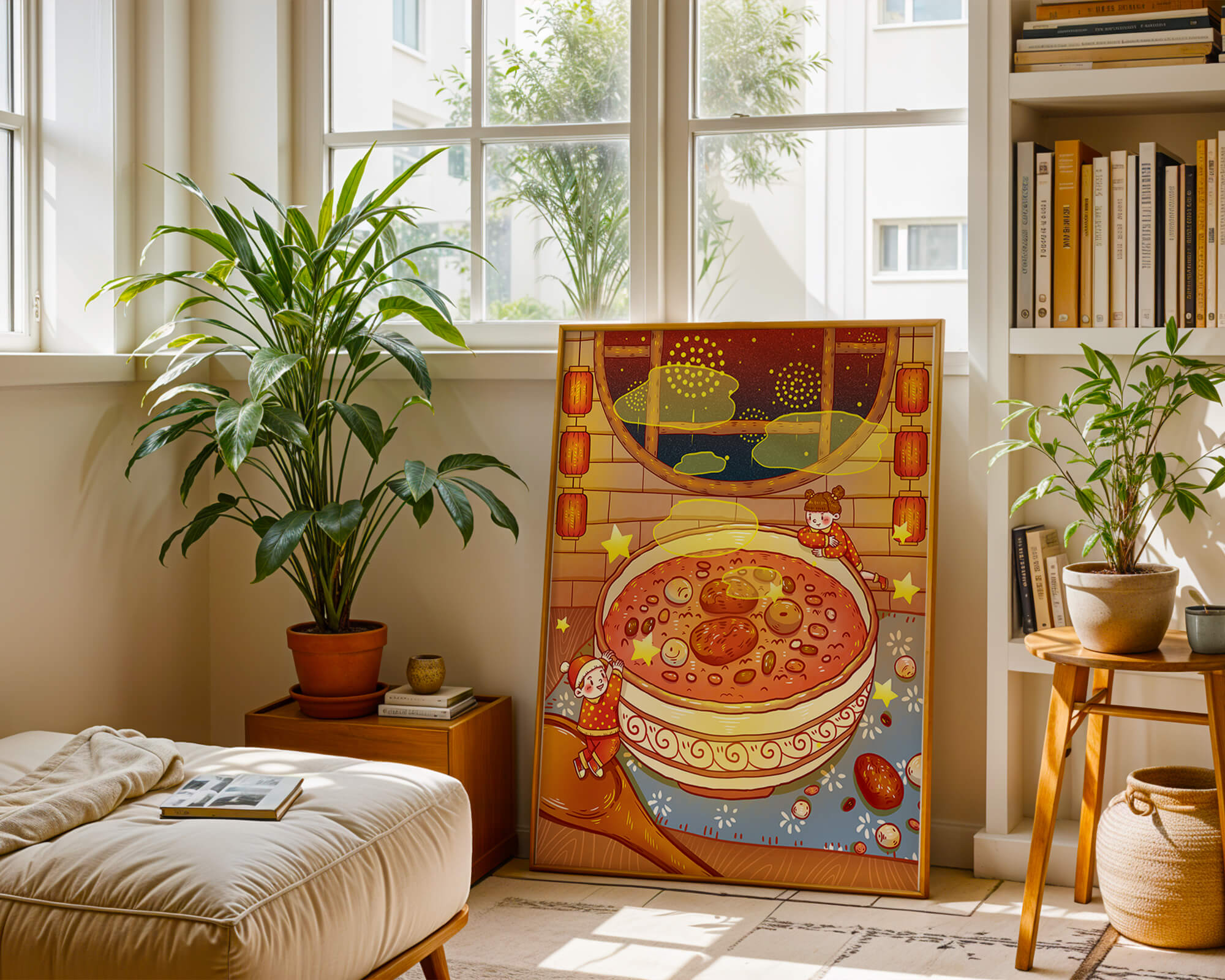Cozy festive scene with children, a large bowl of soup, and lanterns