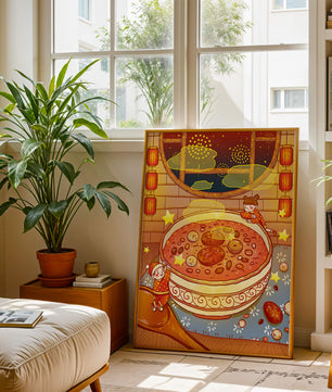Scène festive et chaleureuse avec des enfants, un grand bol de soupe et des lanternes