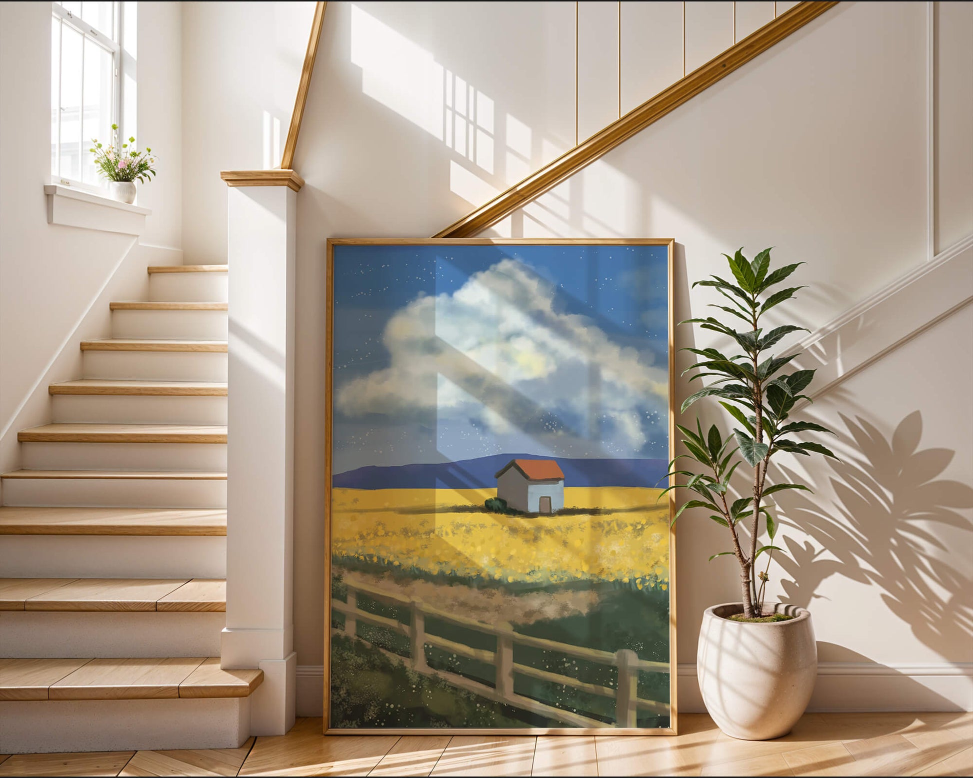 Idyllic rural scene with house and yellow field under blue sky