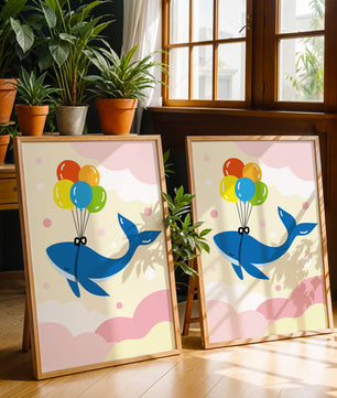 Skurriler Wal, der mit bunten Luftballons fliegt