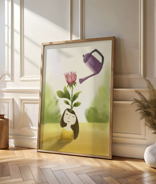 Ilustración de una chica con una flor creciendo de su cabeza siendo regada