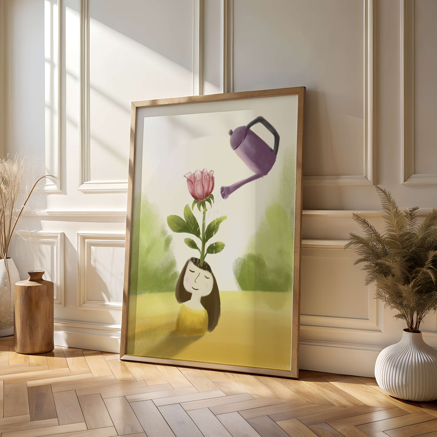 Illustration of a girl with a flower growing from her head being watered