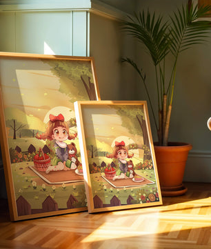 Whimsical picnic scene with a young girl and teddy bear under sunset in vibrant meadow