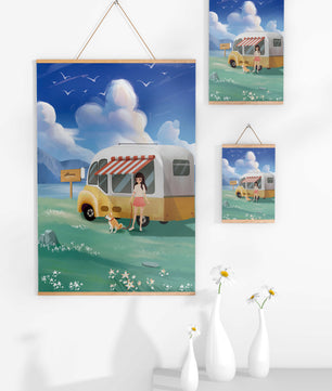 Girl with dog by camper van in serene nature setting