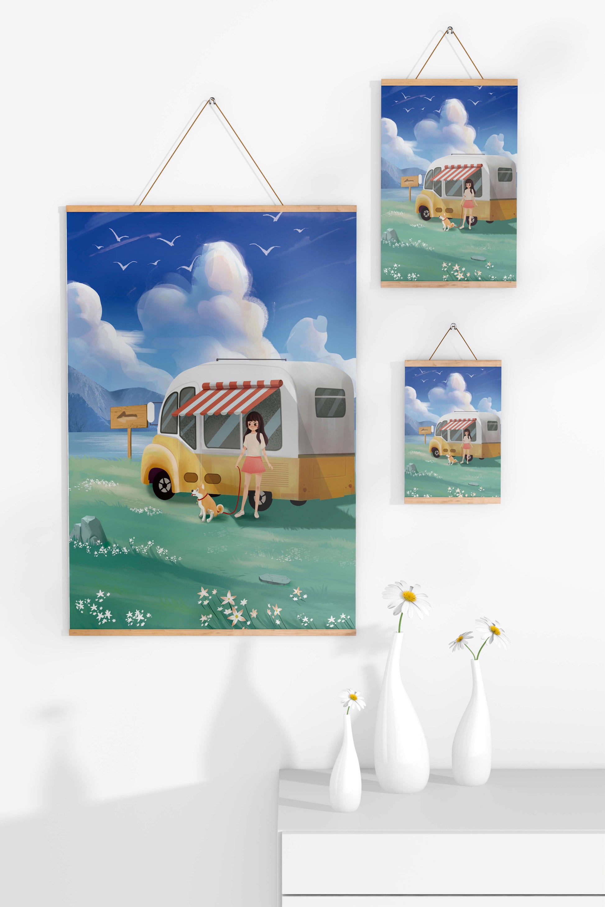 Girl with dog by camper van in serene nature setting