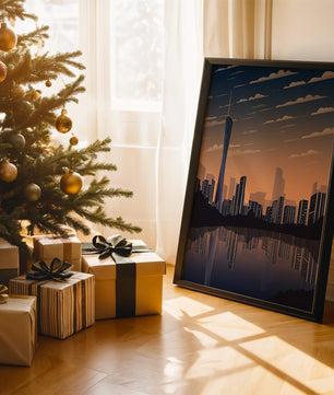 Skyline der Stadt bei Sonnenuntergang mit futuristischem Touch und Wasserspiegelung