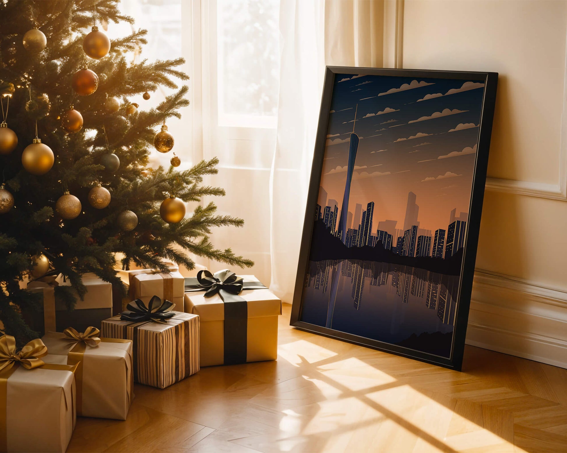 Skyline der Stadt bei Sonnenuntergang mit futuristischem Touch und Wasserspiegelung