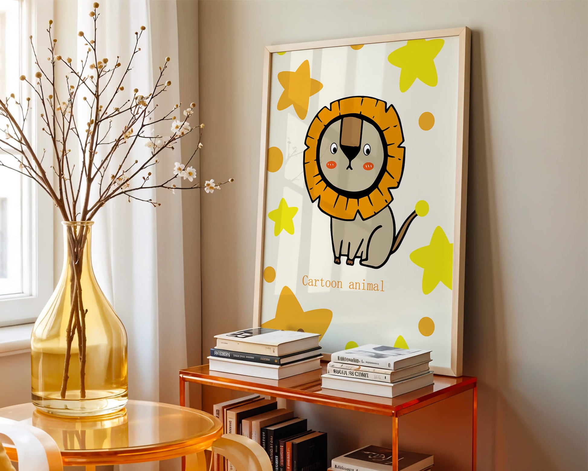 Cute cartoon lion illustration with stars for children's room