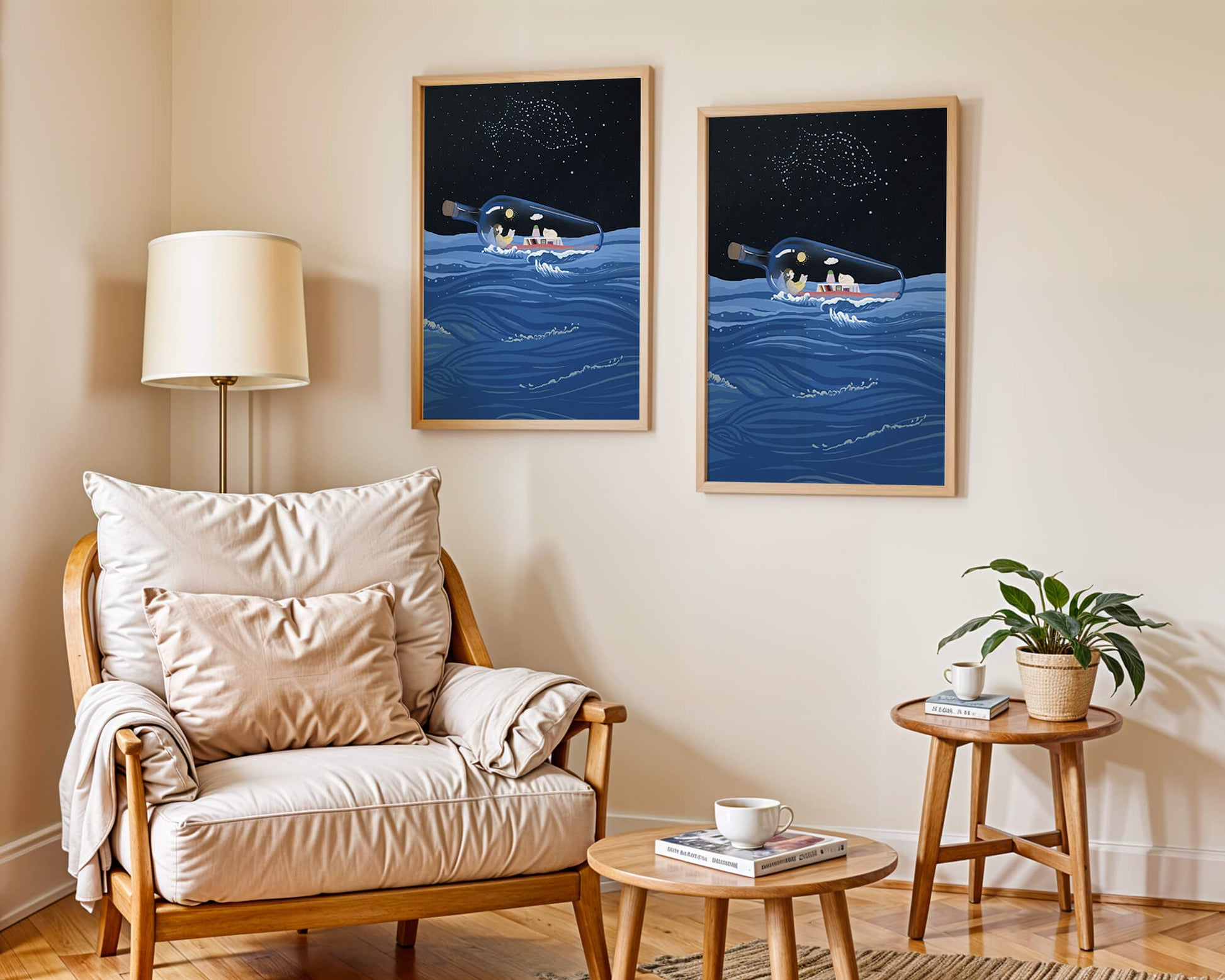 Surreal illustration of a bottle on the ocean with a starry night sky